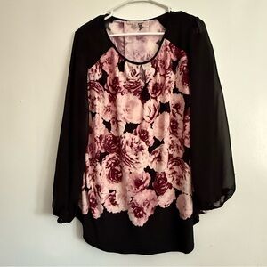 Established 1962  Floral Women's Blouse in Black and Pink Stretch Plus 2X